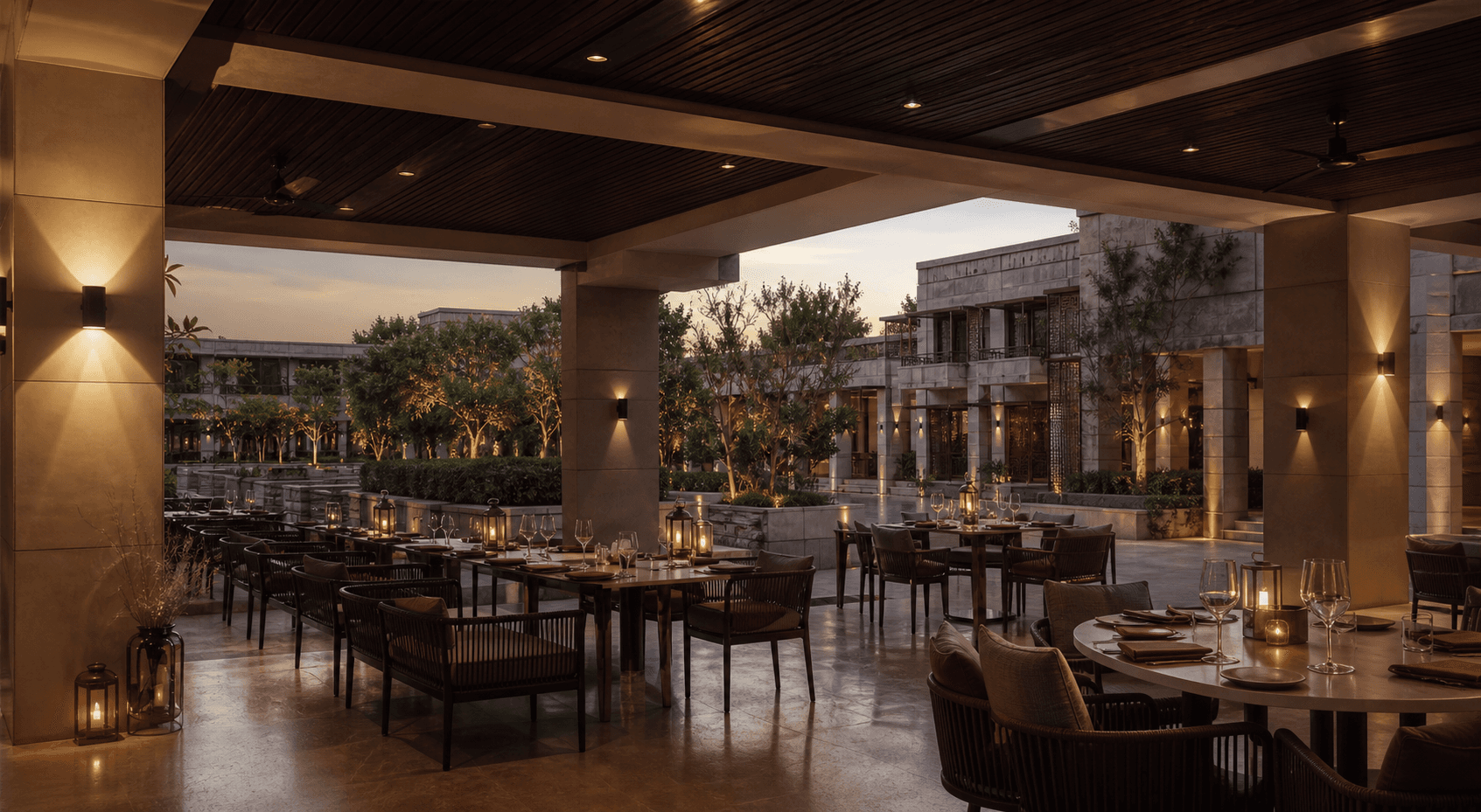 An elegant resort venue prepared for evening hospitality service