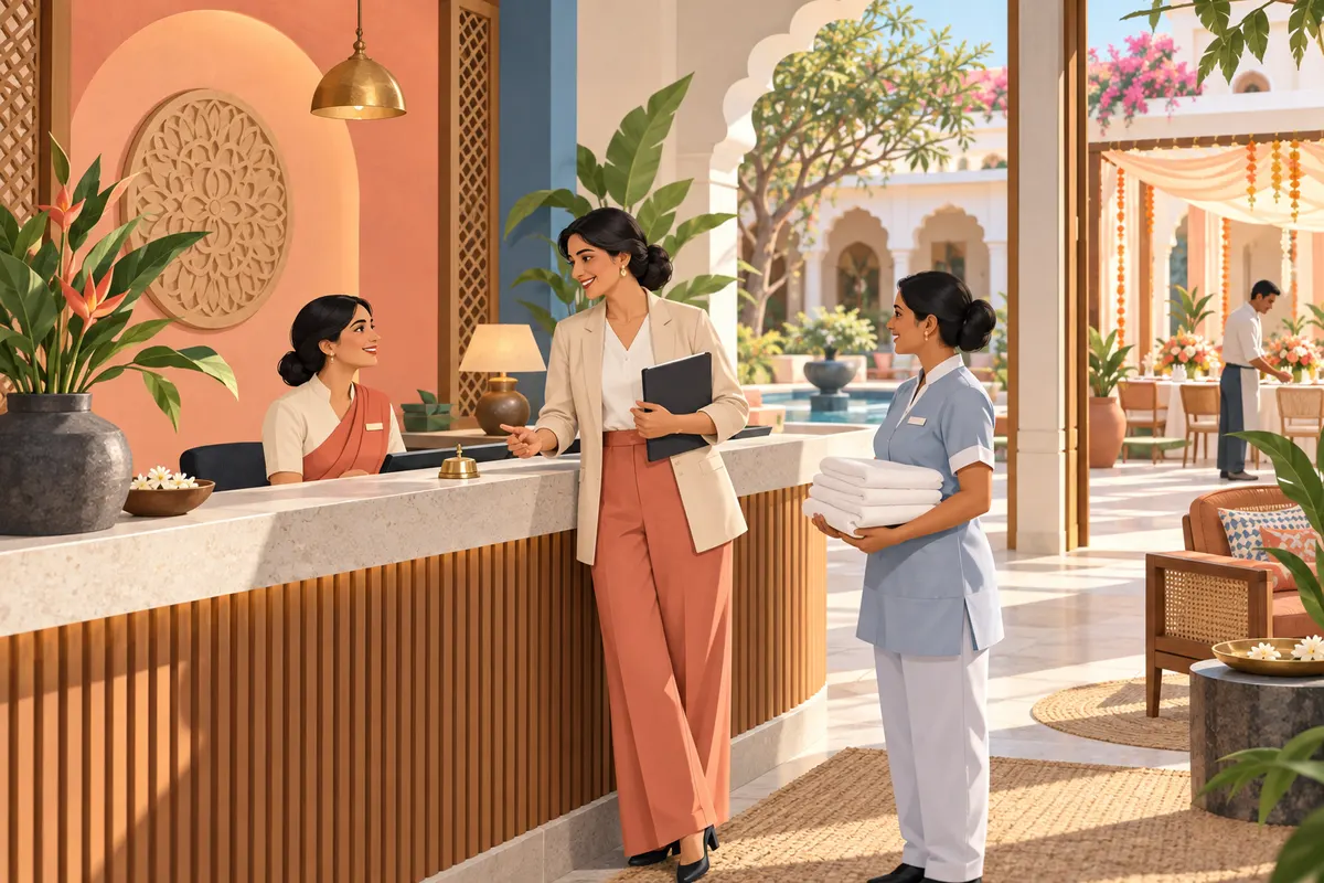 Original illustration of hospitality colleagues coordinating work in a contemporary Indian hotel reception.