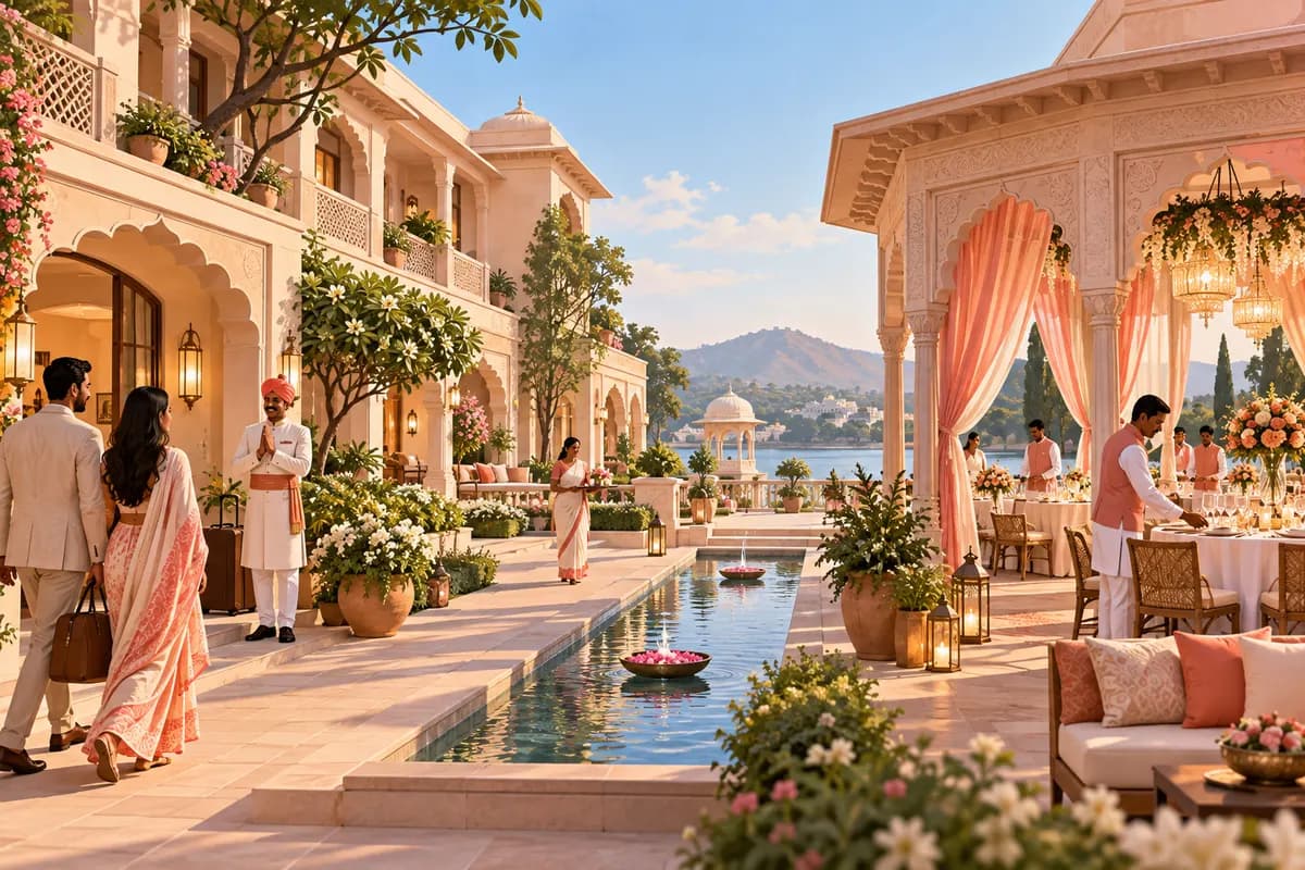 Original illustrative resorts with venues scene; not a customer property.